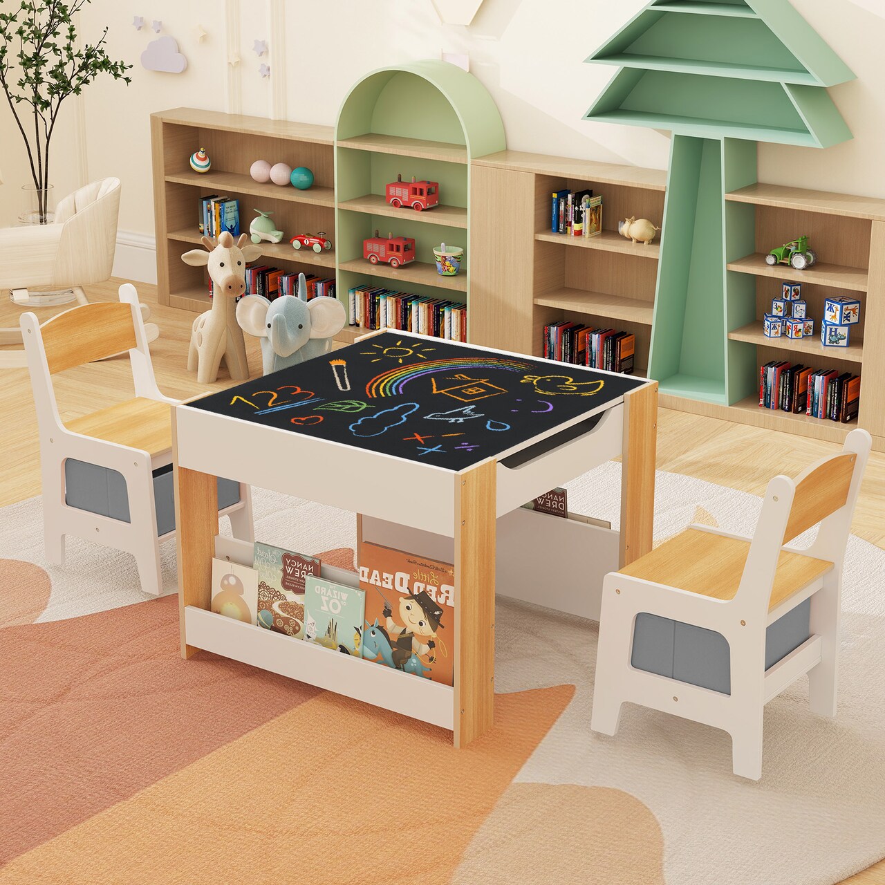 Multifunctional Kids Art and Study Table Set with Chalkboard Top and 2 Ergonomic Chairs and Toy Storage